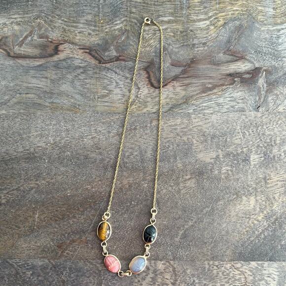 XiXi handmade multicolor stone station necklace on gold tone chain - Picture 2 of 11